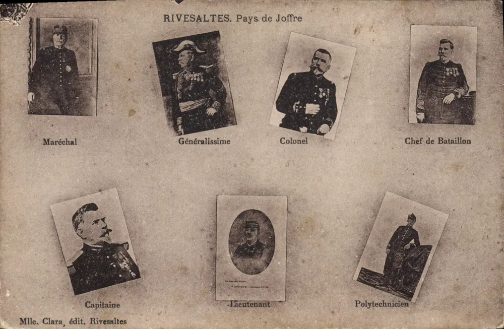 Rivesaltes. Pays de Joffre — illustrierte Karte mit Porträten von Soldaten — Mlle Clara, Verlag Rivesaltes - Vorderseite