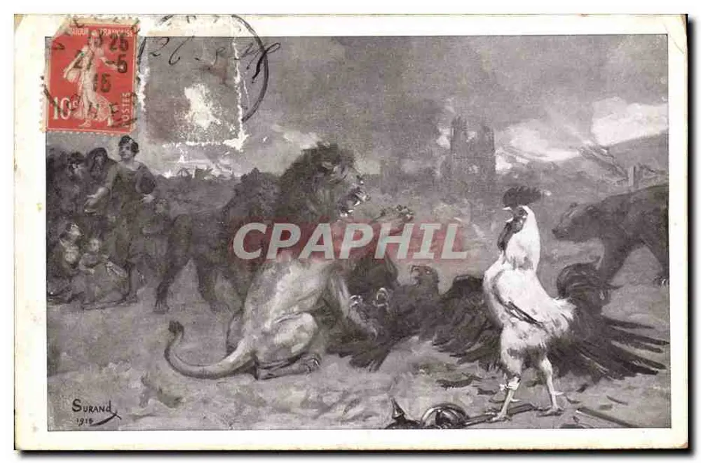 O galo e os leões — pintura de Surand — editor desconhecido, número de série não visível - Frente