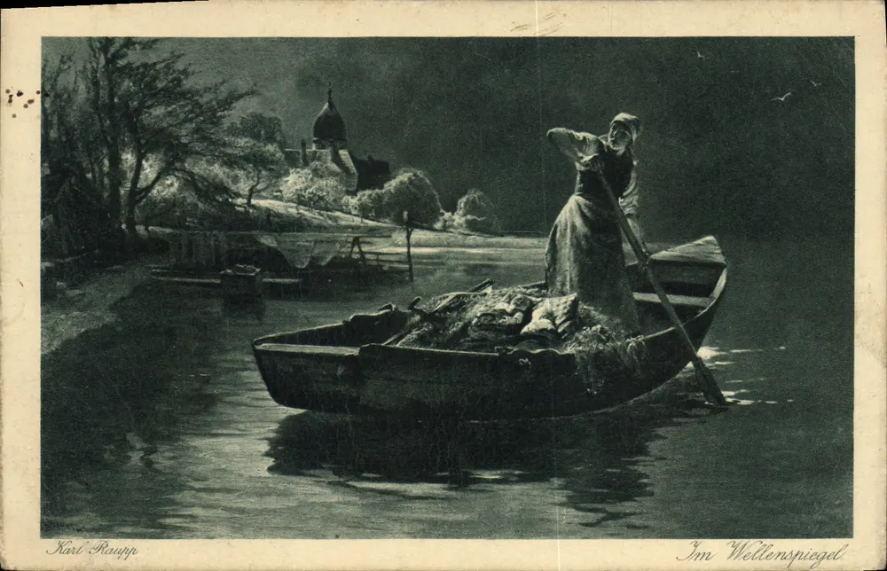 Mulher em um barco — cena noturna — Karl Ruupp, Im Wellenspiegel - Frente