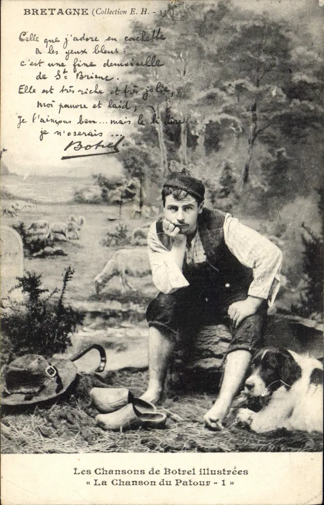 Bretagne — Landschaft mit junger Mann und Hund — Les Chansons de Botrel illustriert « La Chanson du Patour - 1 » - Vorderseite