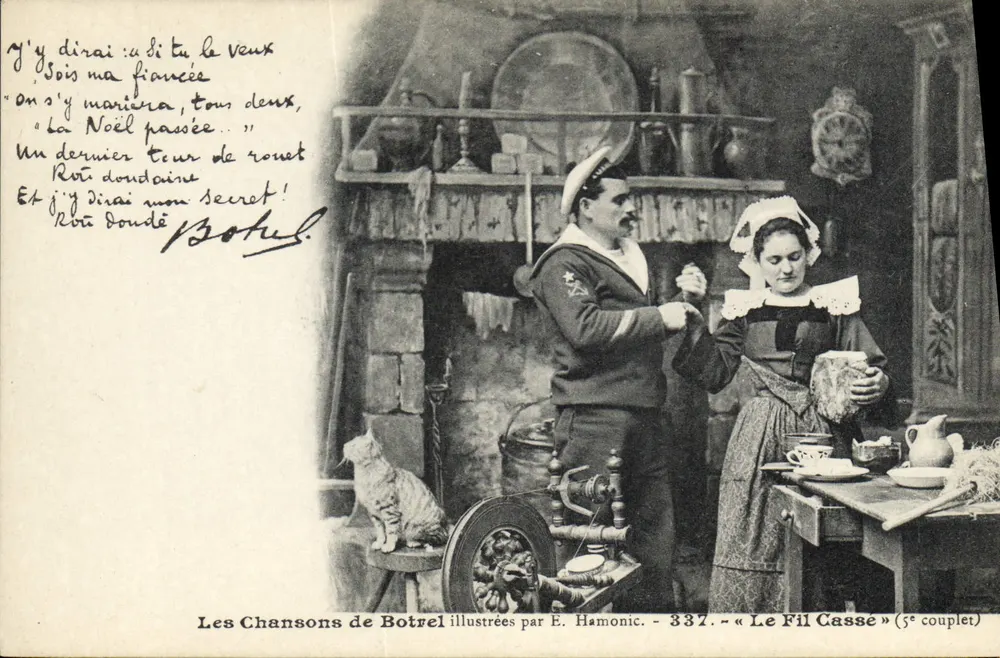 Marin e mulher em uma cozinha rustica — As Canções de Botrel ilustradas por E. Hamonic — n° 337 — « O Fio Quebrado » (5º verso) - Frente