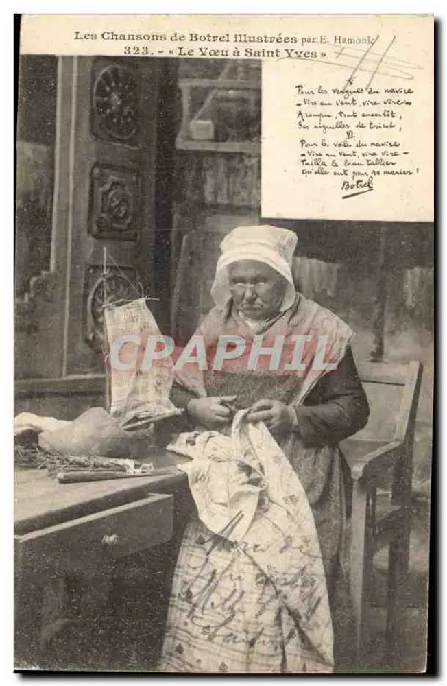 Mulher à costura — As Canções de Botrel ilustradas por E. Hamonic — n° 323 « O Voto a São Yves » - Frente