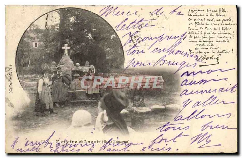 Brunnen und Waschhaus (Niederkreuzung) — Ansicht des Brunnens und Waschhauses mit drei Personen — unbekannter Verleger, Seriennummer 188 - Vorderseite