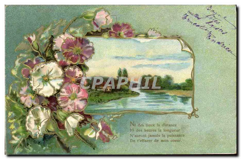 Paisagem fluvial com buquê de flores — texto poético — editor não identificado - Frente