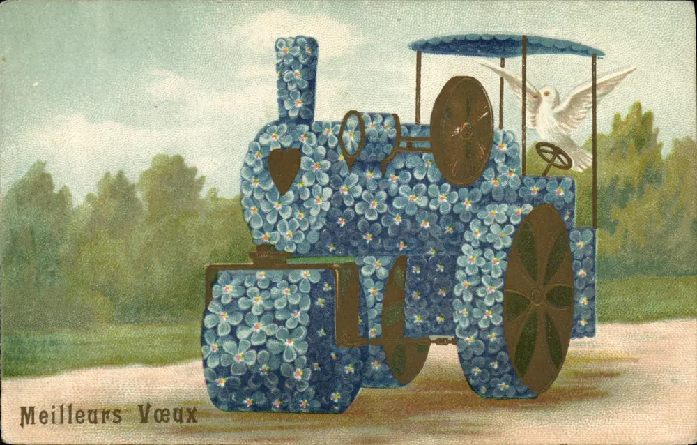 Blütenverziertes Traktor — Göttin des Friedens — Beste Grüße - Vorderseite