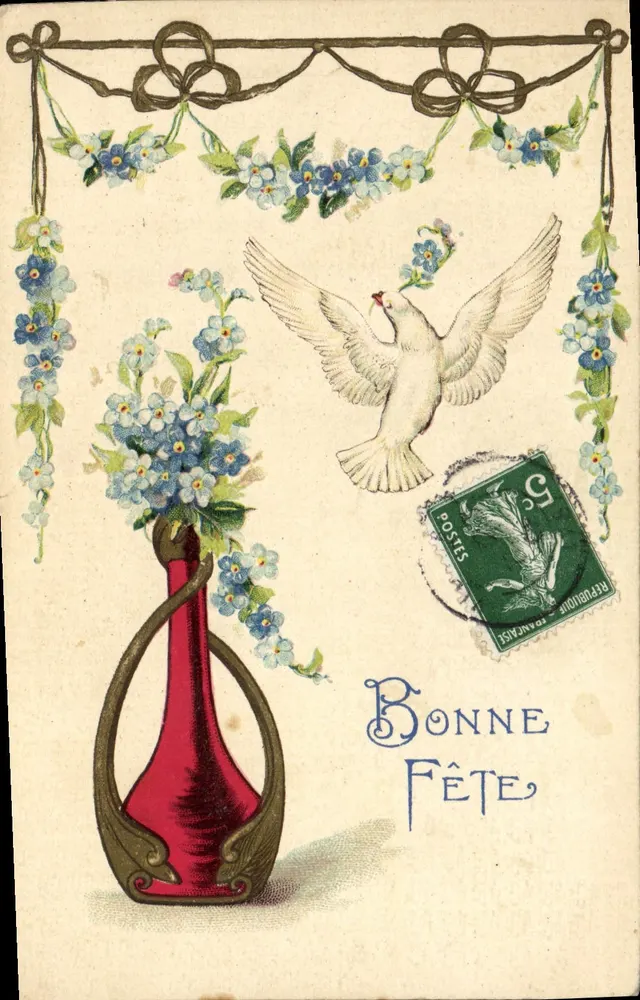 Pomba e flores — Boa Festa — K. F. Editores, Paris, série 01.627 - Frente