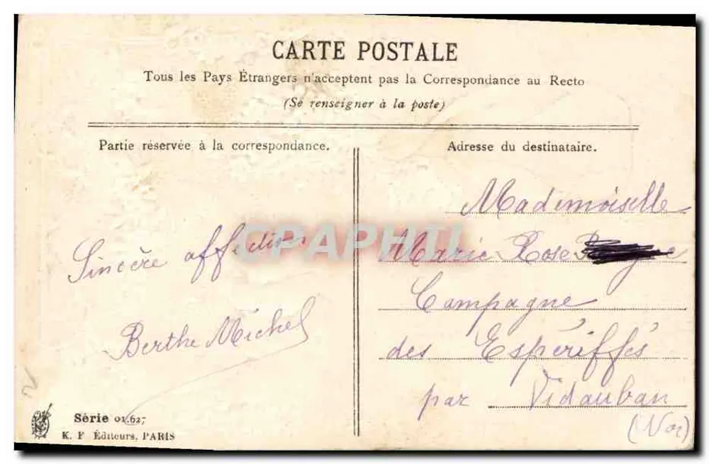 Pomba e flores — Boa Festa — K. F. Editores, Paris, série 01.627 - Verso