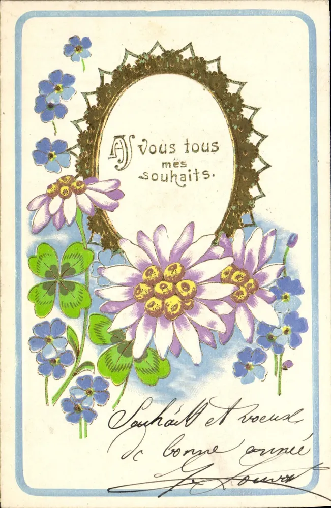 Carte postale floral — Desejos e votos — editor não visível - Frente