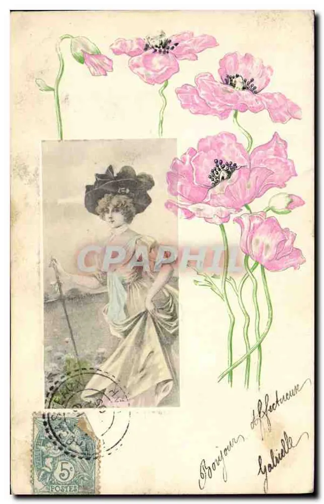 Frau mit Hut — Mohnblumen — Verlag nicht sichtbar - Vorderseite