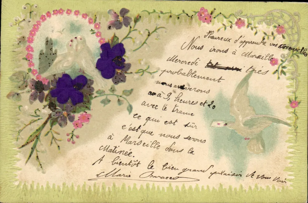 Tarjeta postal decorativa con motivos florales y pájaros — editor no identificado, número de serie no visible - Anverso