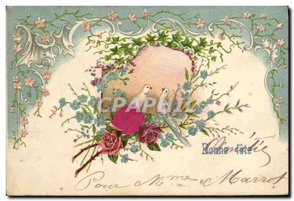 Dois pássaros em um quadro floral — Boa festa — Carta postal universal - Frente