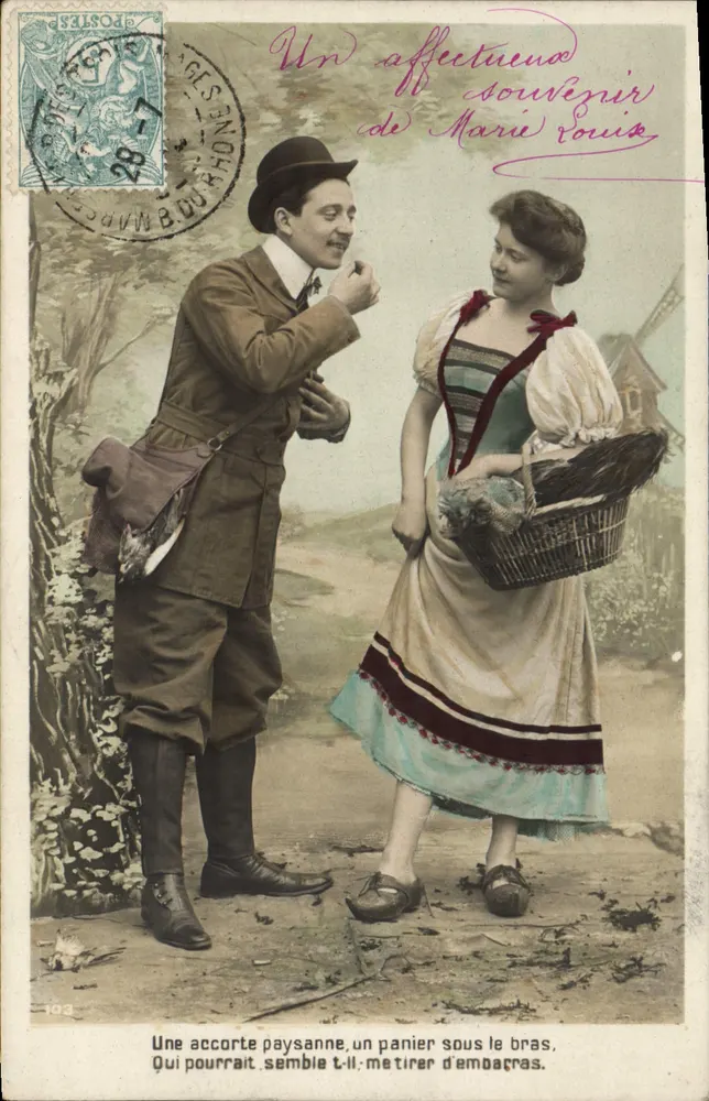 Un accorte paysanne, un panier sous le bras — scène de village — éditeur anonyme, n°103 - Anverso