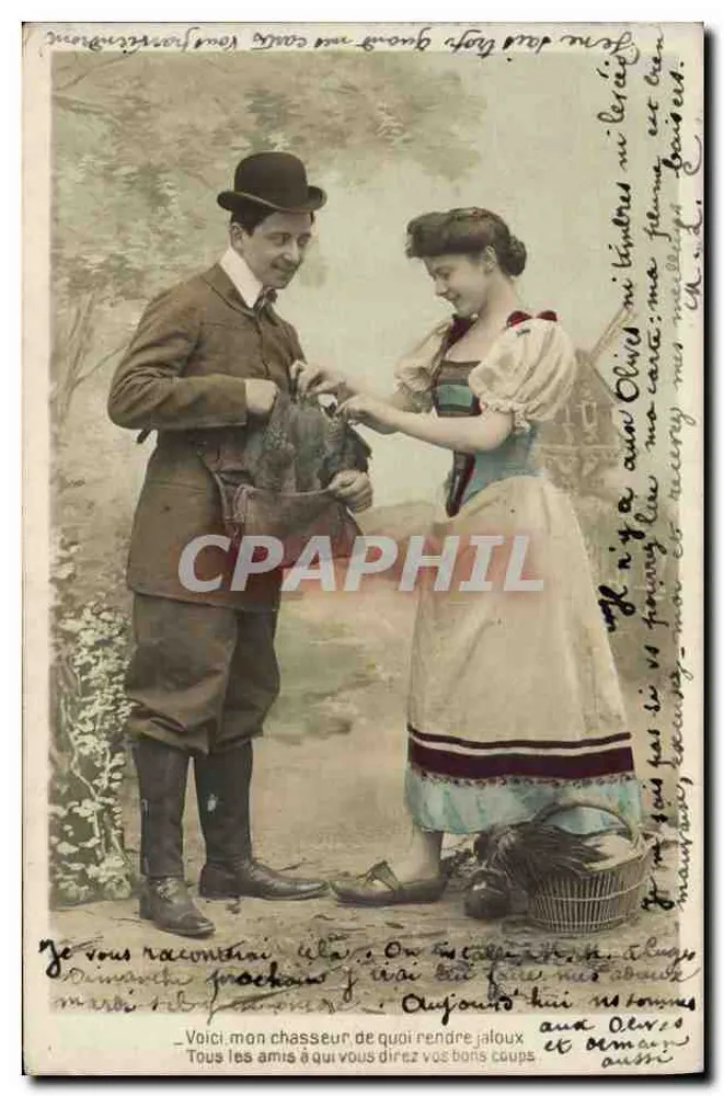 Cacciatore e donna nel giardino — scena di caccia — editore non visibile - Recto