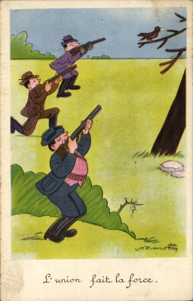 Cazadores en acción — La unión hace la fuerza — dibujo de Cornebloy - Anverso