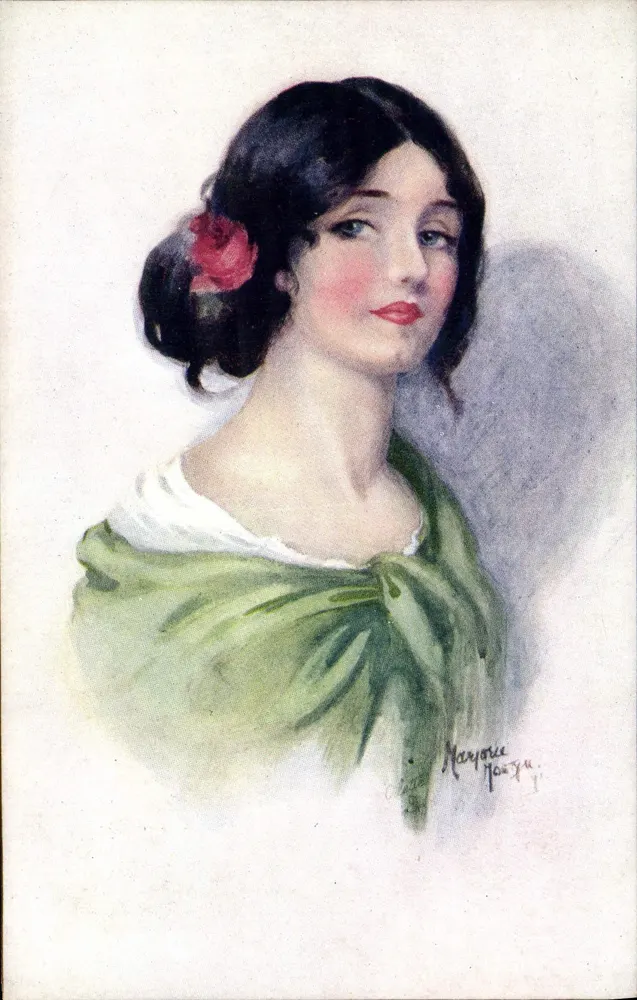 Porträt einer Frau — Rose im Haar — von Marjorie Potts — Tuck's Post Card n° 2874 - Vorderseite