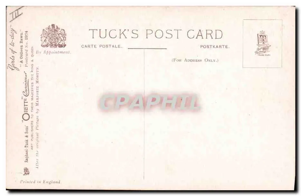 Porträt einer Frau — Rose im Haar — von Marjorie Potts — Tuck's Post Card n° 2874 - Rückseite