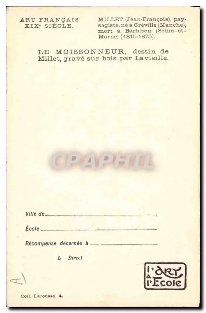 Der Ernter — J.-F. Millet — gefertigt von Lavieille - Rückseite