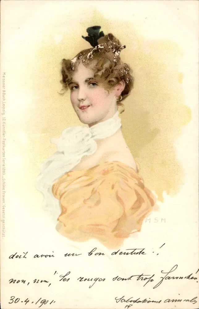 Junge Frau — Portrait — Messner & Buch Leipzig, 12 Künstler-Postkarten-Serie 1900, Schöne Frauen geschnitzt - Vorderseite