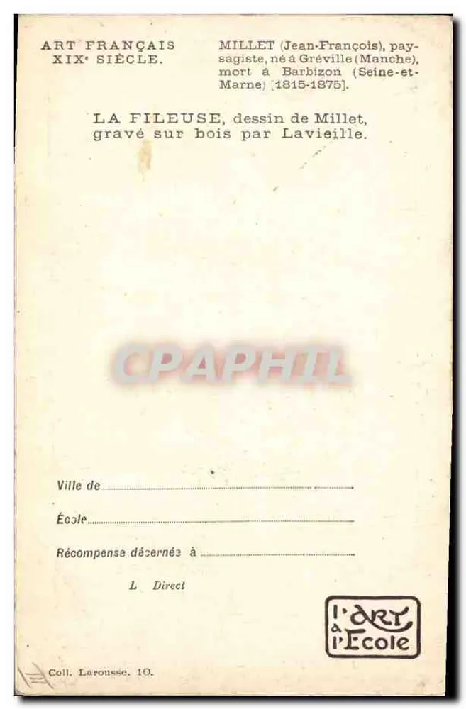 La Fileuse — dessin de J.-F. Millet — gravé sur bois par Lavieille — éditeur L'Art à l'École - Rückseite