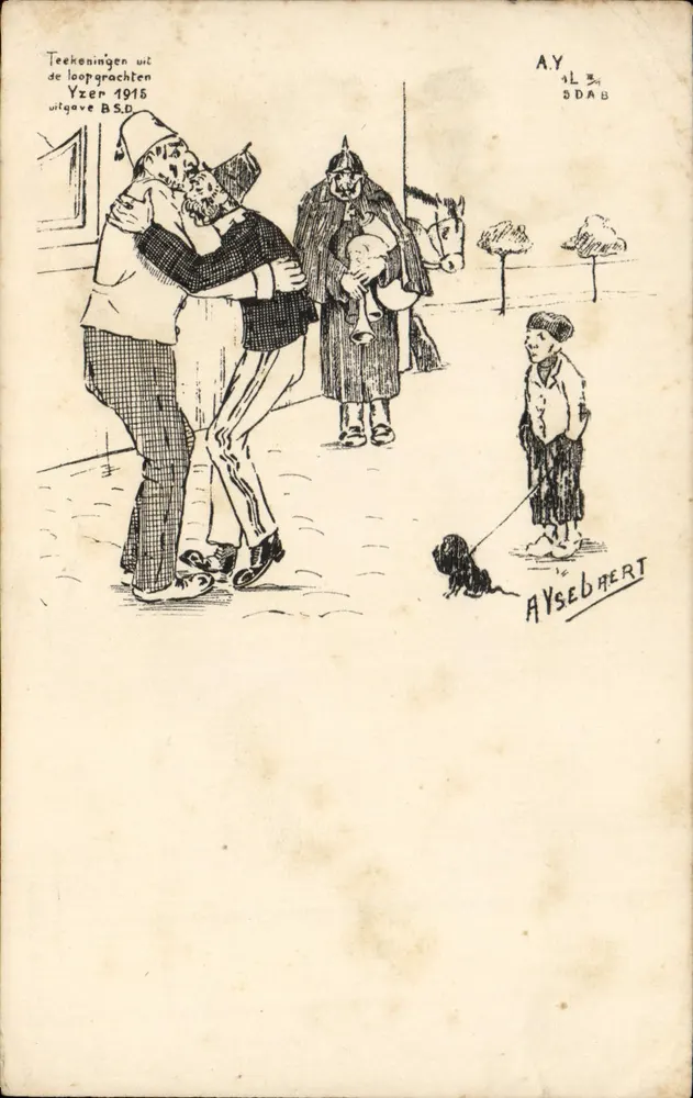 Scène de rue — deux hommes s'embrassant, soldat en arrière-plan — AYSEBERT, Yzer 1915, éditeur BSD - Awers