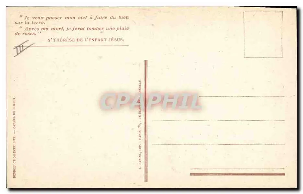 Thérèse de l'Enfant Jésus — Gebet für erschütterte Herzen — Verlag E. Lapna, Paris - Rückseite