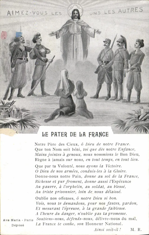 Jesus lehrend die Liebe — Szene mit Soldaten und Kindern — Verlag Ave Maria, Paris - Vorderseite