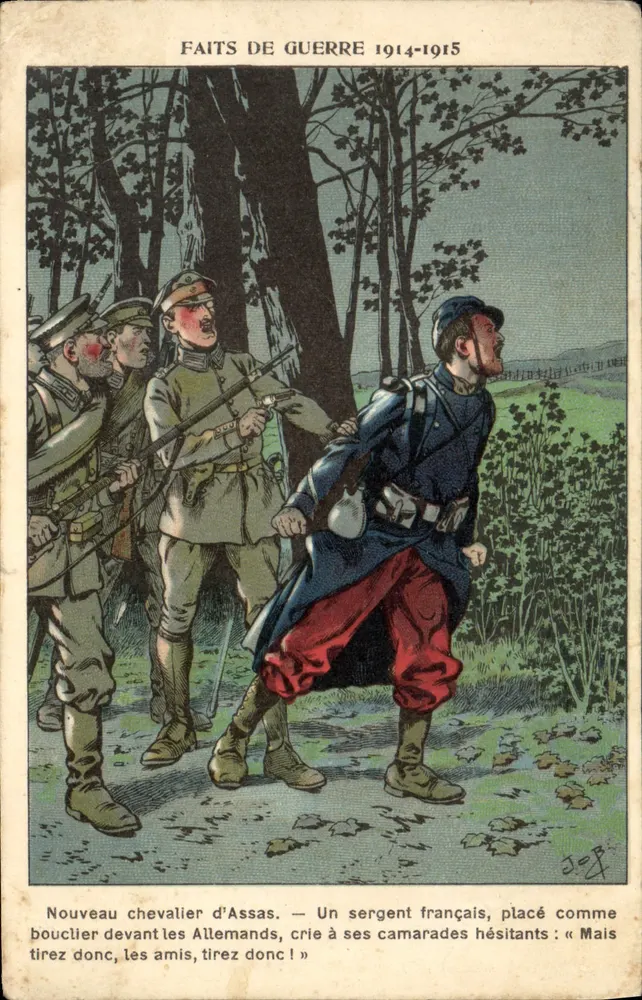 Nouveau chevalier d'Assas — Un sergent français placé comme bouclier devant les Allemands — FAITS DE GUERRE 1914-1915, éditeur JOP - Frente