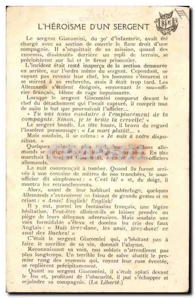 Nouveau chevalier d'Assas — Un sergent français placé comme bouclier devant les Allemands — FAITS DE GUERRE 1914-1915, éditeur JOP - Verso