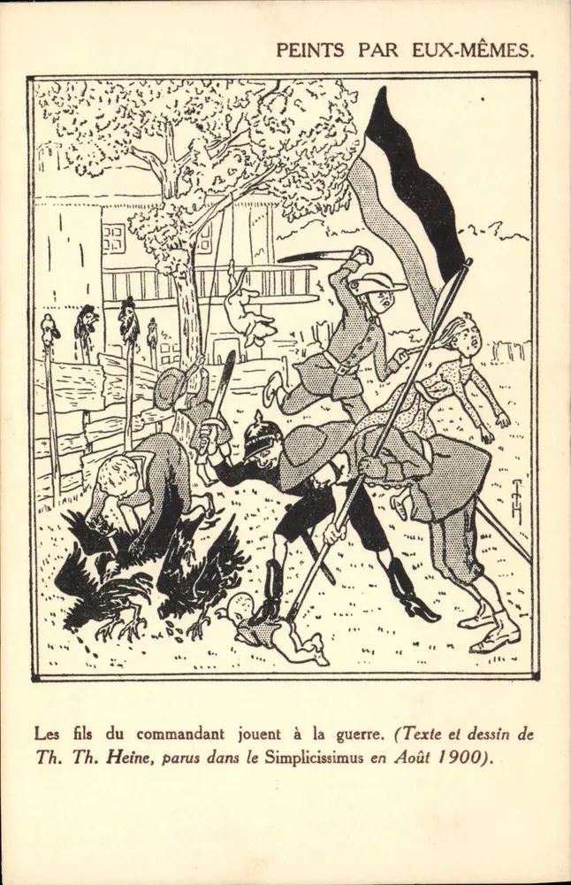 Die Söhne des Kommandanten spielen Krieg — Text und Zeichnung von Th. Heine, veröffentlicht im Simplicissimus im August 1900 — P. J. Callais et Cie, Verleger. - Vorderseite