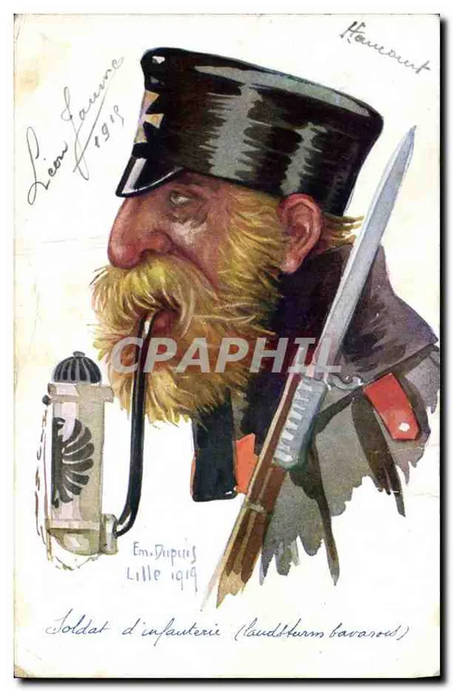 Soldat d'infanterie (Laudsturm bavarois) — caricature signée Léon Faurne 1919, éditée par Em. Dupuis à Lille - Frente