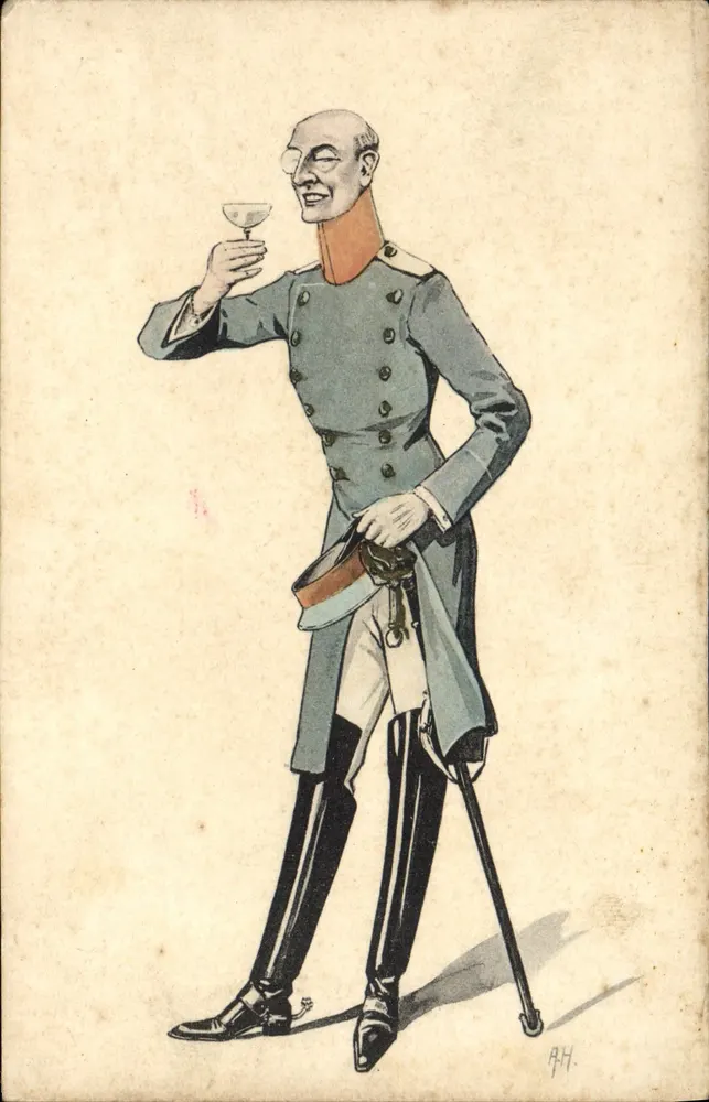 Soldado caricato — caricatura de um oficial em uniforme segurando um copo — desenho assinado por P.H. - Frente