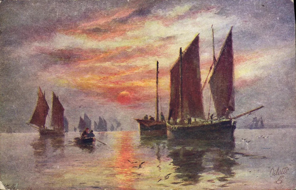 Pôr do sol sobre o mar — barcos a vela — Oilette & B. (editor) - Frente
