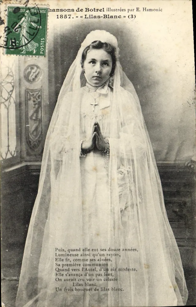 Menina em vestido de comunhão — primeira comunhão — ilustrada por E. Hamonic (série « Lilas-Blanc » n°3) - Frente
