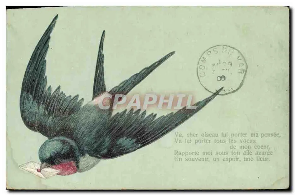 Ave-carregadora de carta — cerca de 1909 — Comps du Ver - Frente