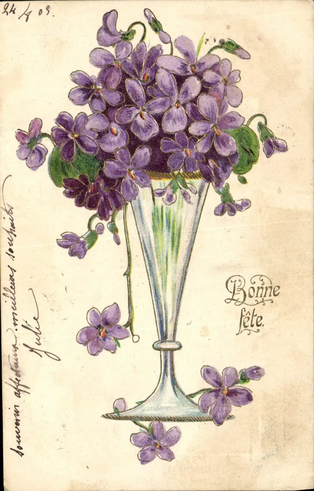 Violetas em um vaso — Carta postal de boas-vindas — editor não identificado - Frente