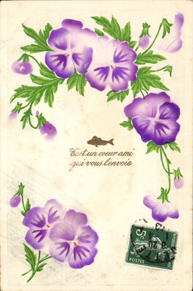 Flores de violetas — É um coração amigo que te envia — editor não visível - Frente