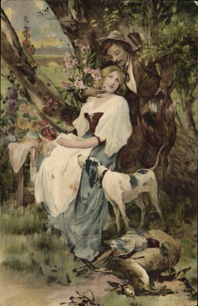 Junge Frau und Jäger unter einem Baum — Hydrangeen — P.L. Paris - Vorderseite