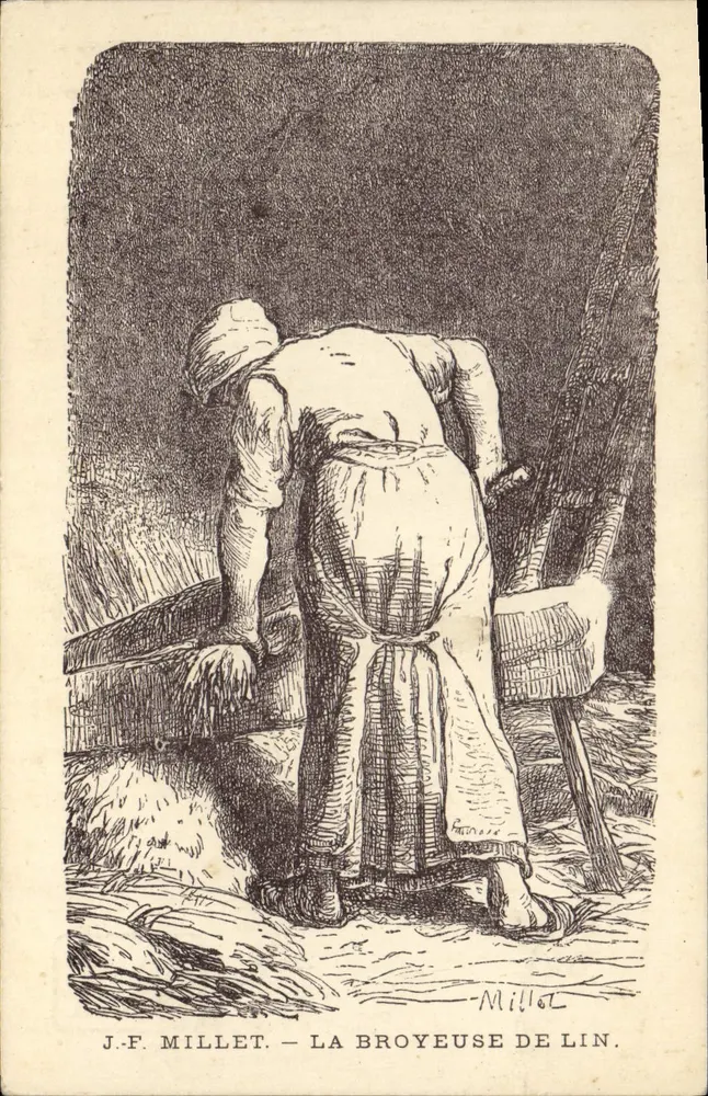 Die Leinenschleuder — J.-F. Millet — Holzschnitt von Lavieille — Verlag L'Art à l'École - Vorderseite