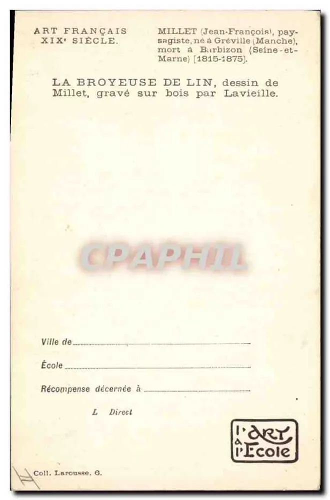 Die Leinenschleuder — J.-F. Millet — Holzschnitt von Lavieille — Verlag L'Art à l'École - Rückseite