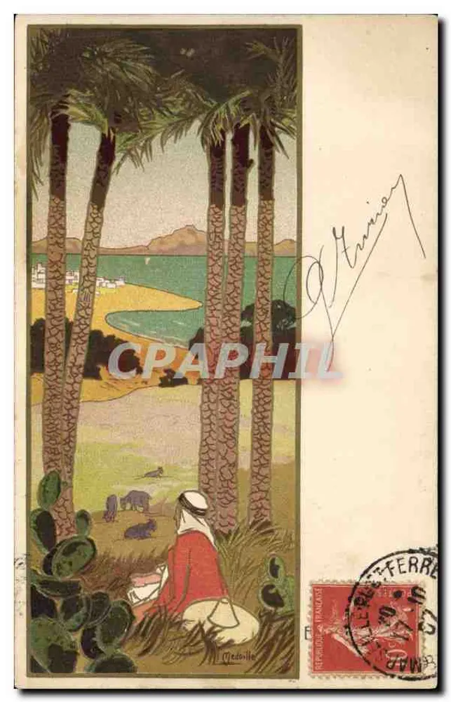 Paisagem mediterrânea com palmeiras — ilustração de Medoille — editor não visível - Frente