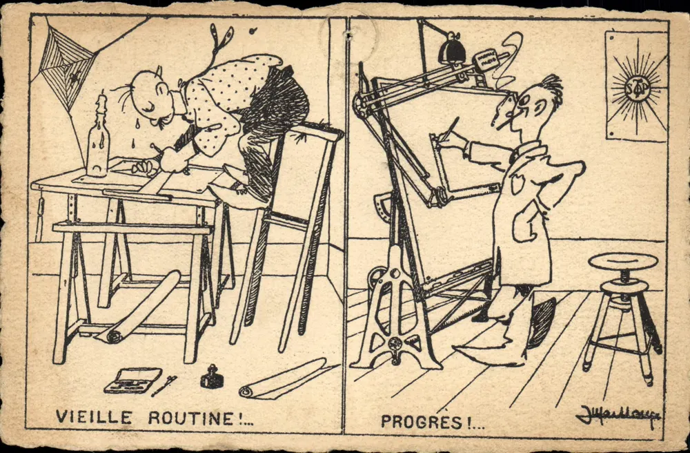 Vieille Routine!... — Progrès!... — dessin animé de Joffard Mauge, éditeur F. Darnay (Ingr. A. & M.) - Frente