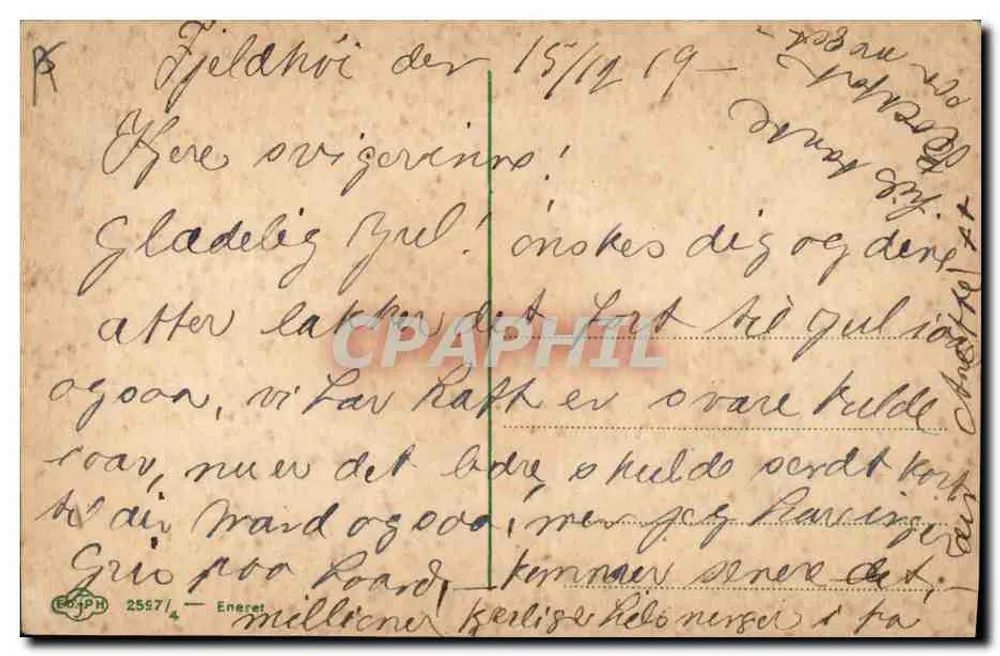 Zwei Kinder spielen im Schnee — Illustration — A. Nyg. (unterzeichnet) und Text 'Glædelig Jul' - Rückseite