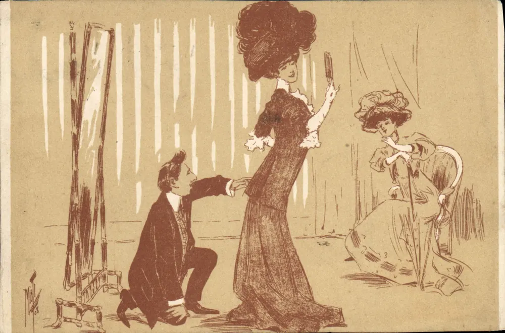 Szene im Hof eines Ateliers — Illustration von M. T. — Verlag 'POST CARD.' - Vorderseite