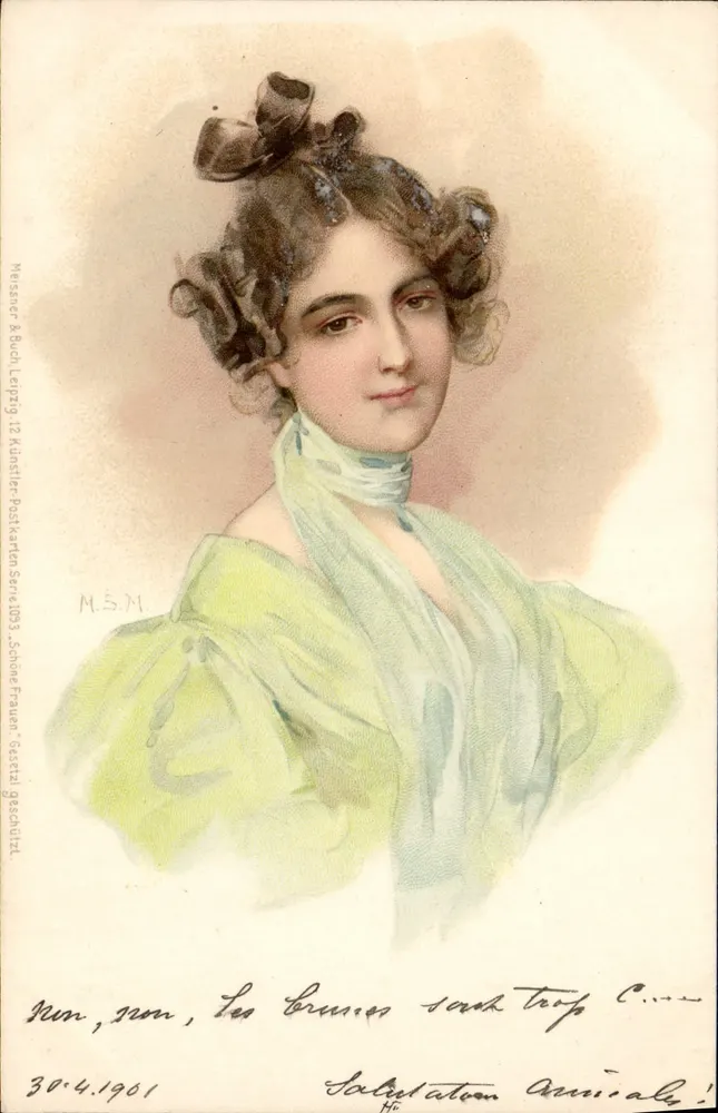 Junge Frau mit braunen Haaren — Portrait — Messner & Buch, Leipzig, Serie 1035, Schön Frauen, Zeichnung M.S.M. - Vorderseite