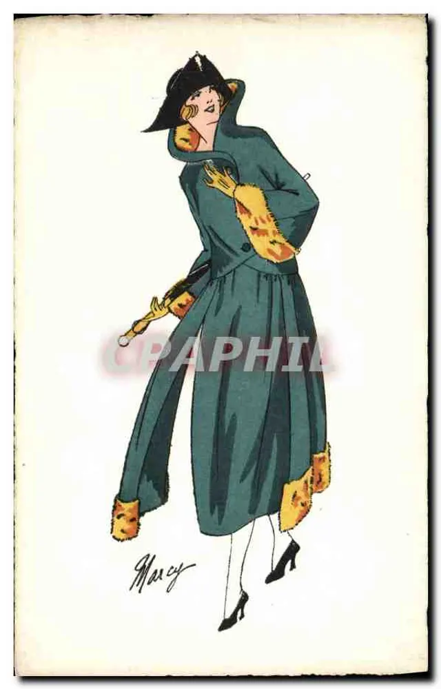 Frau in grünem Mantel mit Fell — Modeillustration — J. P. Paris - Vorderseite
