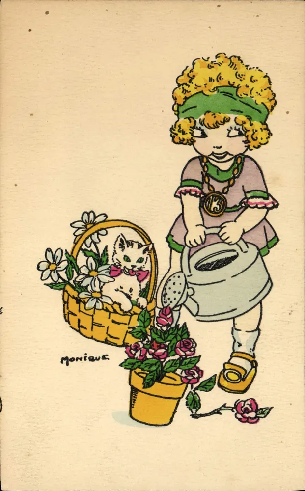 Mädchen, die Rosen gießt - mit Katze in Korb - gezeichnet von Monique - Serie 9 - Vorderseite