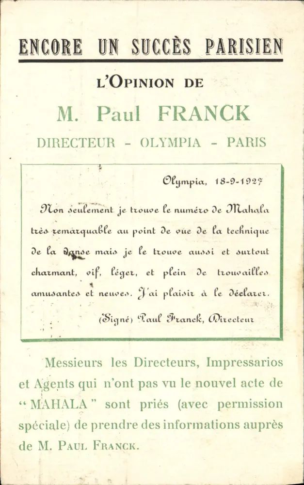 Mahala — Triumph am Olympia — Paul Franck, Direktor — Paris - Vorderseite