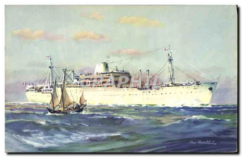 Frachter und Segelboot — Stürmische See — Compagnie des Messageries Maritimes "Laos" - Vorderseite
