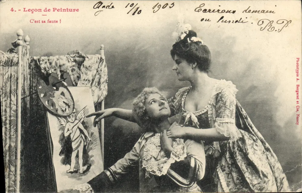 Leçon de Peinture — scène de théâtre — Phototypie A. Bongert et Cie, Nancy - Recto
