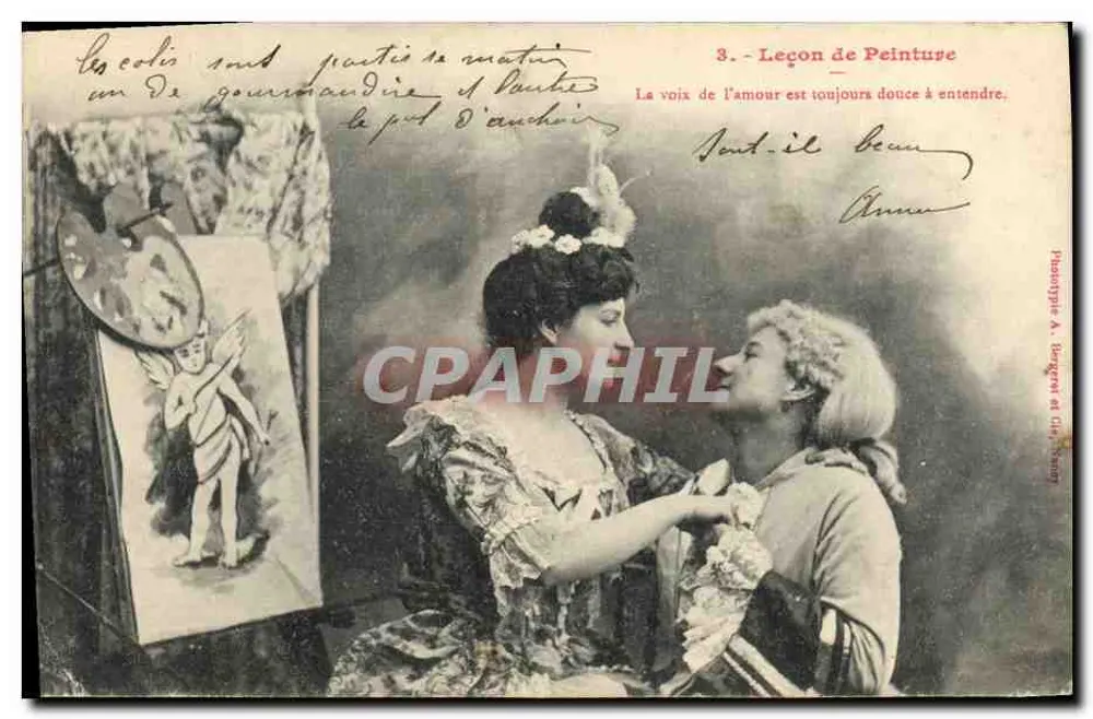 Leçon de Peinture — scène de studio avec modèle — Phototypie A. Bourges et Cie, Nancy - Recto